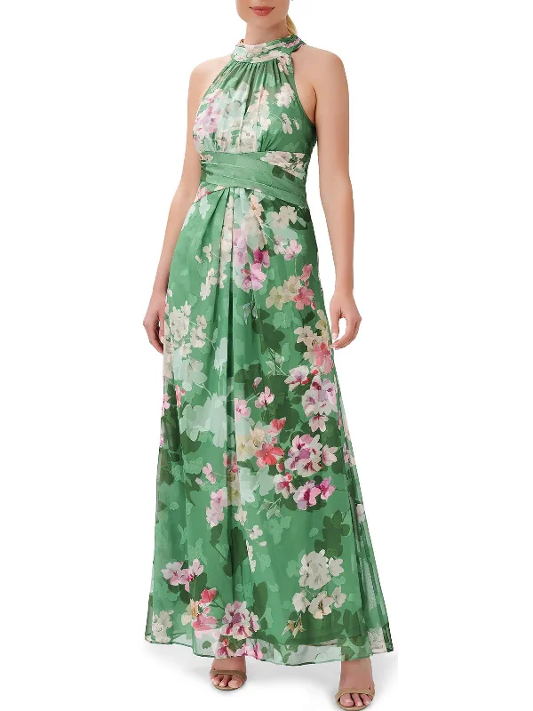 Maxi dress with side slit -Womens Chiffon Maxi Halter Dress