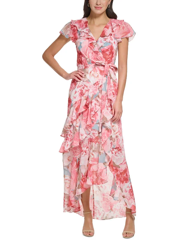 Maxi dress with pockets -Womens Chiffon Floral Maxi Dress