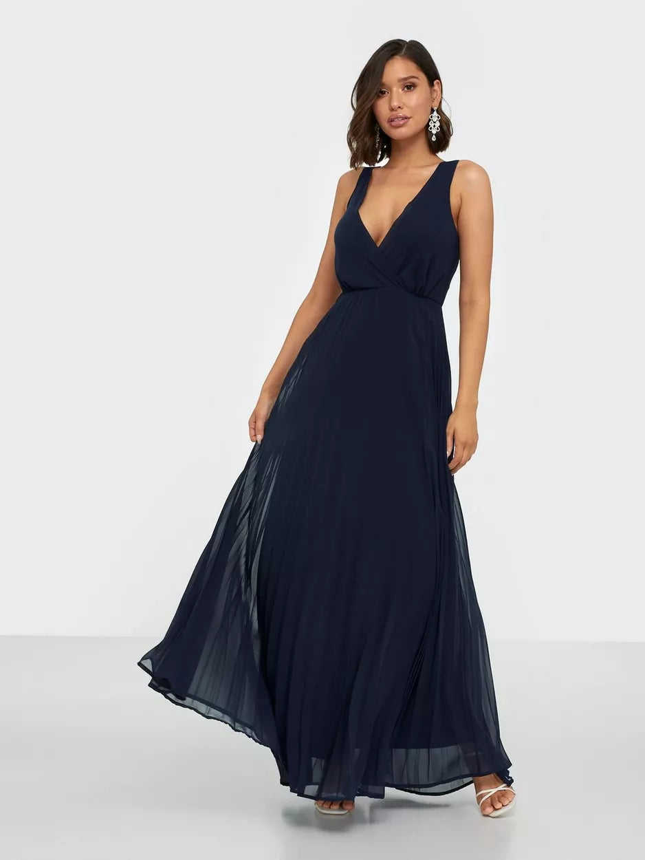 Maxi dress with pleated bodice -Lace Straps Navy Pleated Maxi Dress