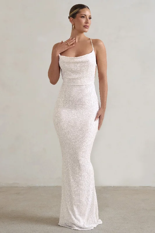 Maxi dress for formal event -Seeing Stars | White Cowl Cami Sequin Maxi Dress With Waist Tie