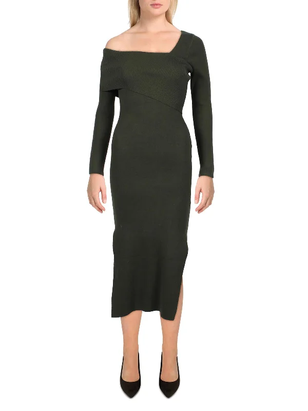 Midi dress with a bow -Womens One Shoulder Midi Sweaterdress