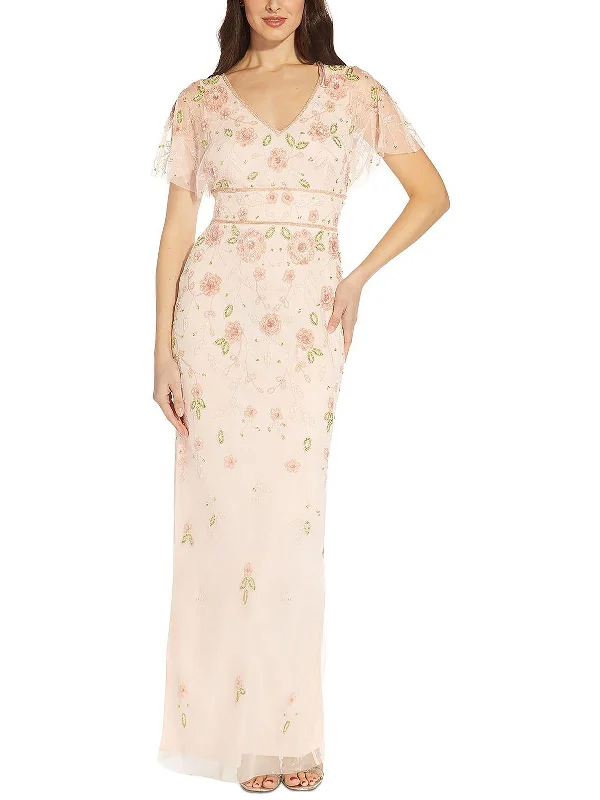 Maxi dress with floral lace -Womens Beaded Maxi Evening Dress