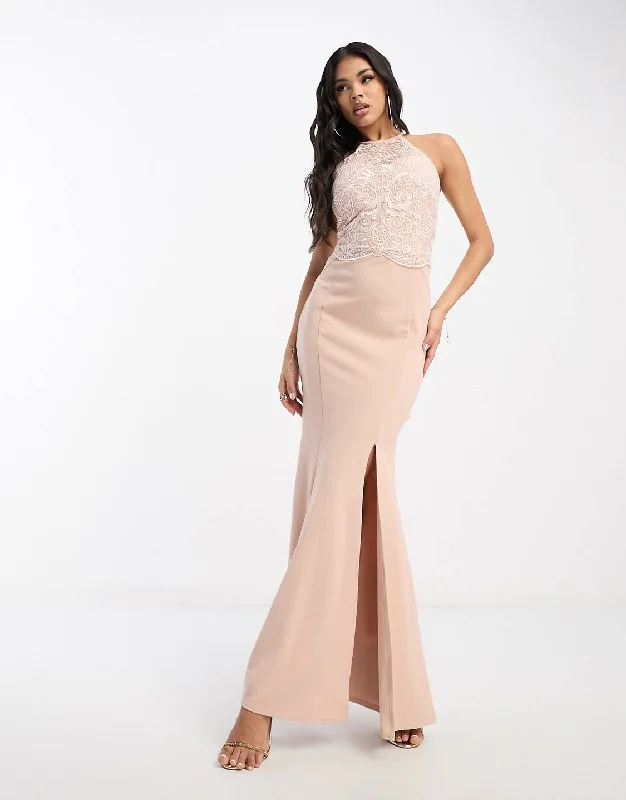 Maxi dress with pockets -Victoria Halterneck Maxi Dress Nude