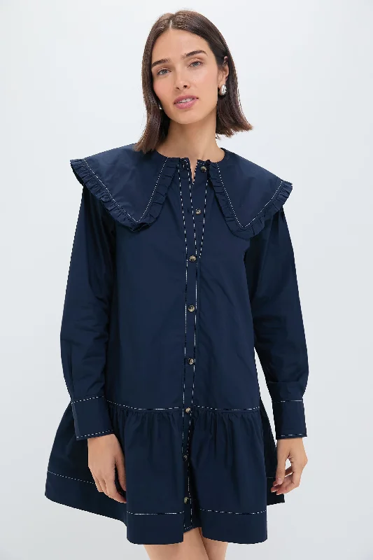 Mini dress with leather detailing -Sky Captain Cotton Poplin Big Collar Mini Shirt Dress