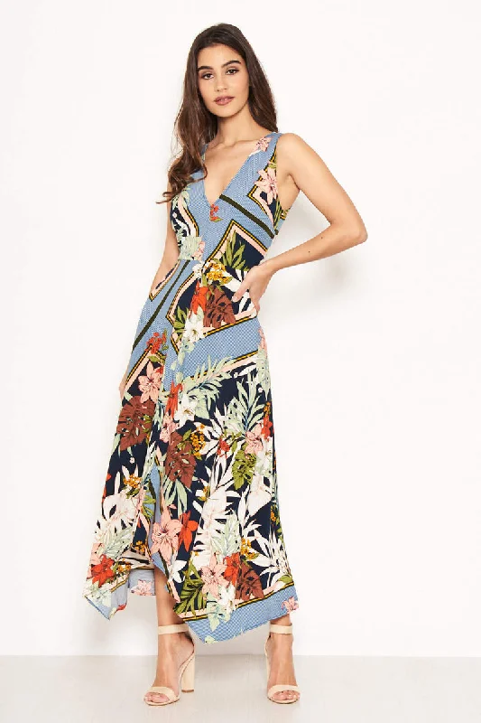 Maxi dress for night out -Navy V-Neck Tropical Maxi Dress