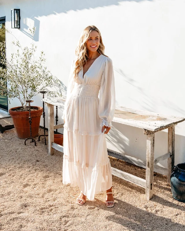 Maxi dress with wrap-around style -Salty Kisses Ivory Tiered Maxi Dress