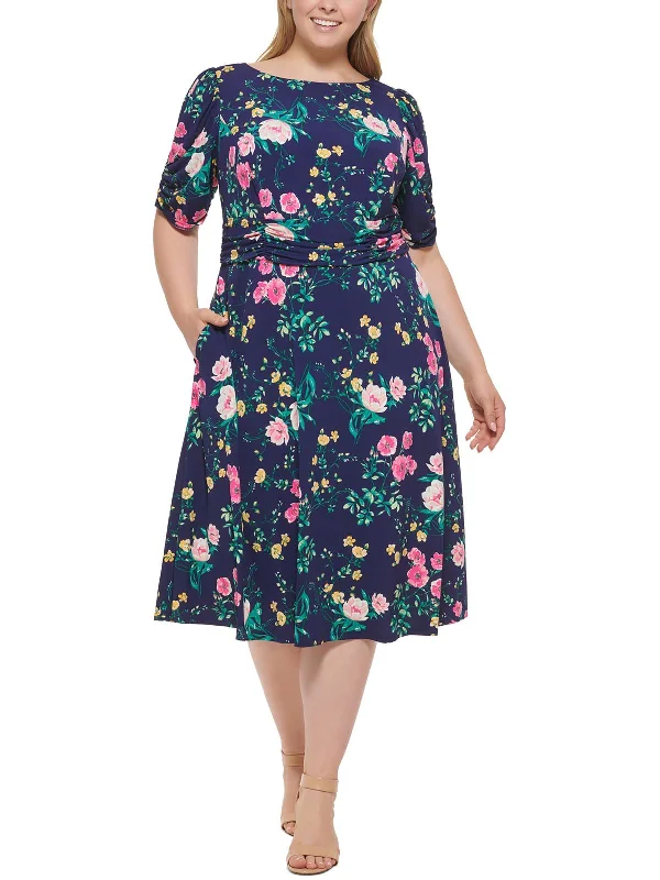 Casual midi dress -Plus Womens Floral Print Calf Midi Dress