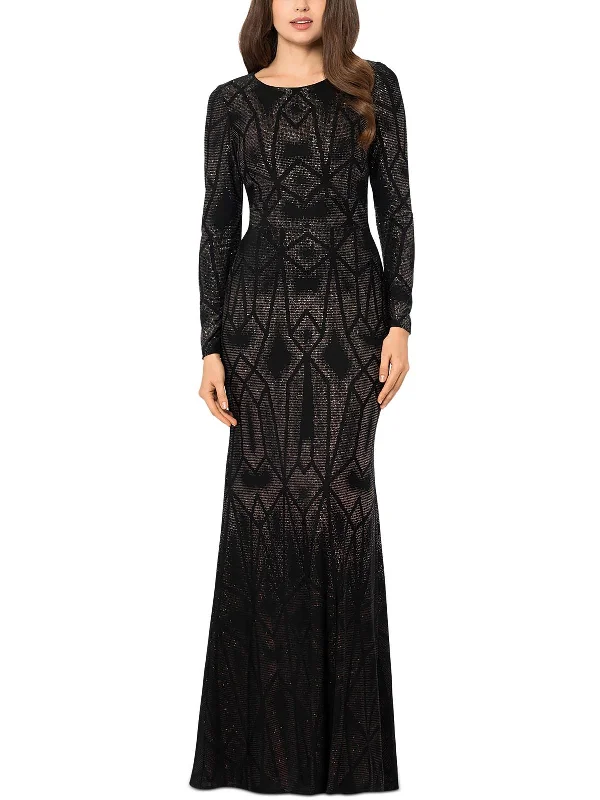 Maxi dress with deep neckline -Petites Womens Maxi Long Sleeve Evening Dress