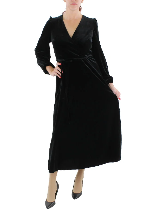 Midi dress for formal dinner -Womens Velvet Long Sleeves Midi Dress