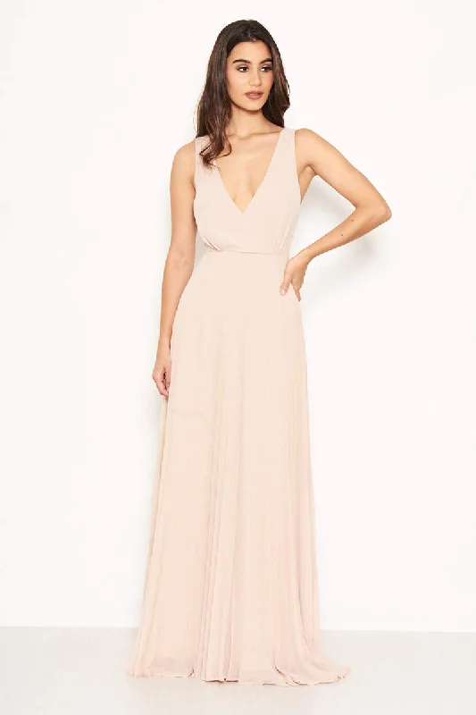 Elegant maxi dress -Nude Pleated Maxi Dress With Lace Straps