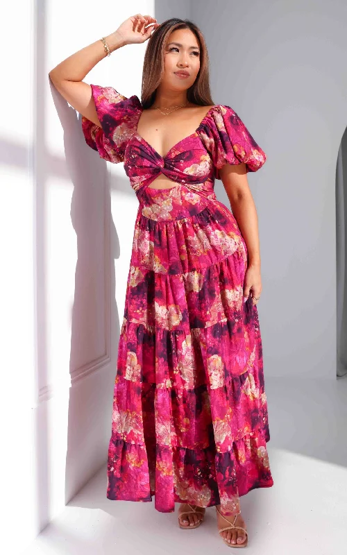 Maxi dress with full skirt -Bretta Maxi Dress - Plum Purple Floral