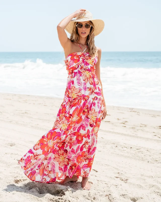 Maxi dress with pleated bodice -Orange Floral Print Halter Maxi Dress - FINAL SALE