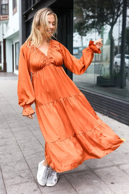 Maxi dress with ruffles -Rust Elastic V Neck Tiered Satin Maxi Dress