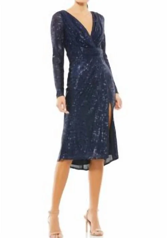 Midi dress with slit -Sequin Long Sleeve Midi Dress In Midnight