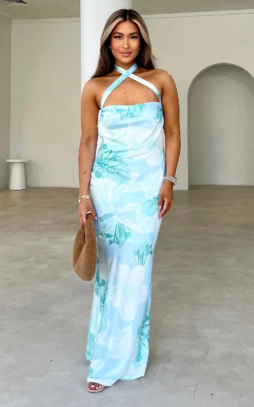 Maxi dress with velvet fabric -Laguna Maxi Dress - Blue Mint Floral