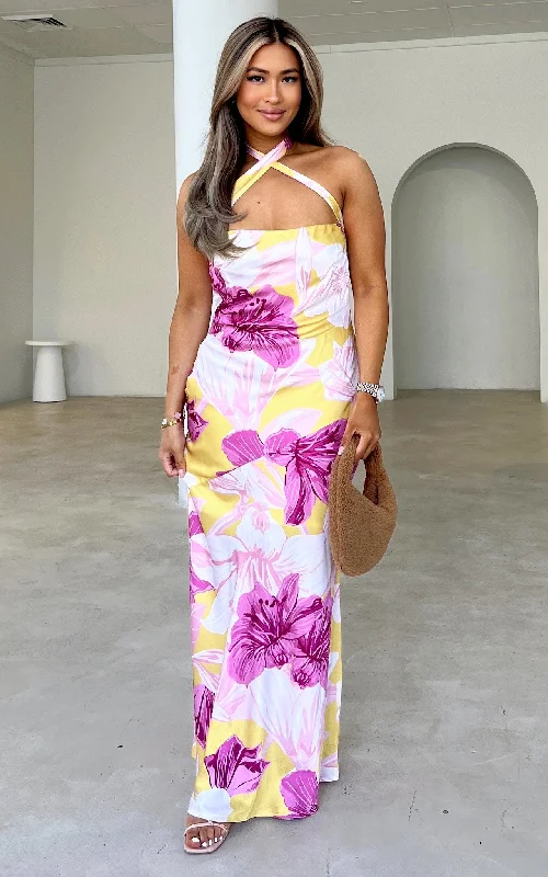 Maxi dress with satin finish -Laguna Maxi Dress - Yellow Pink Floral