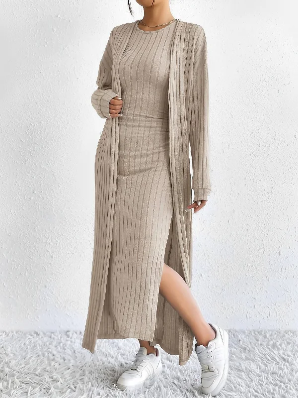 Maxi dress with satin ribbons -2 Pieces Sleeveless Maxi Slit Sweater Dress & Ribbed Knit Long Cardigan Set