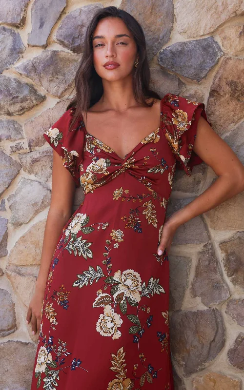 Maxi dress with empire waist -In The Sky Maxi Dress - Wine Red Floral