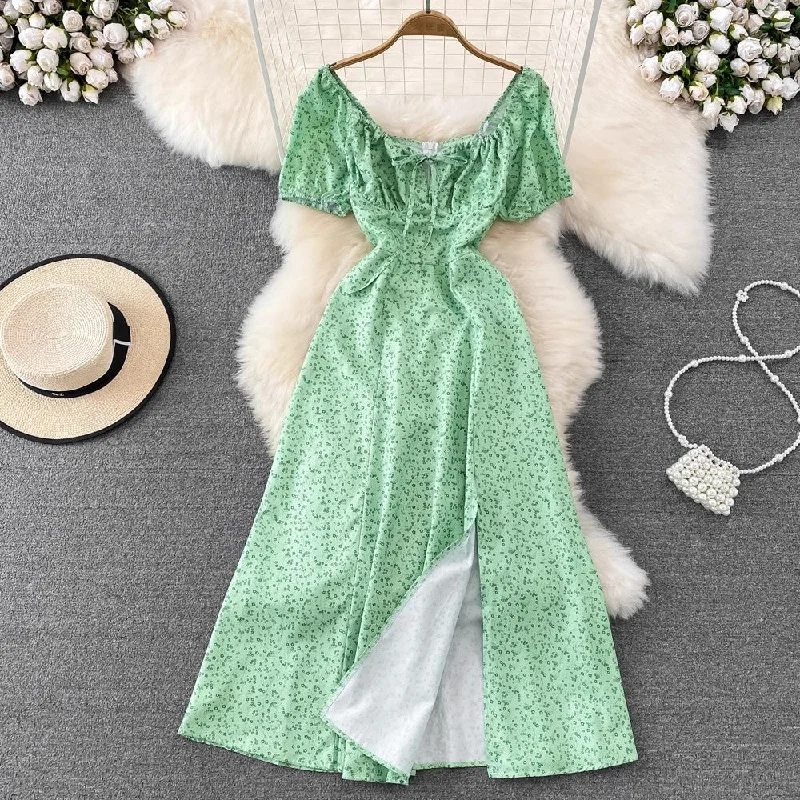 Floral maxi dress -floral puff sleeves lace-up sexy dress women's long dress     S3971