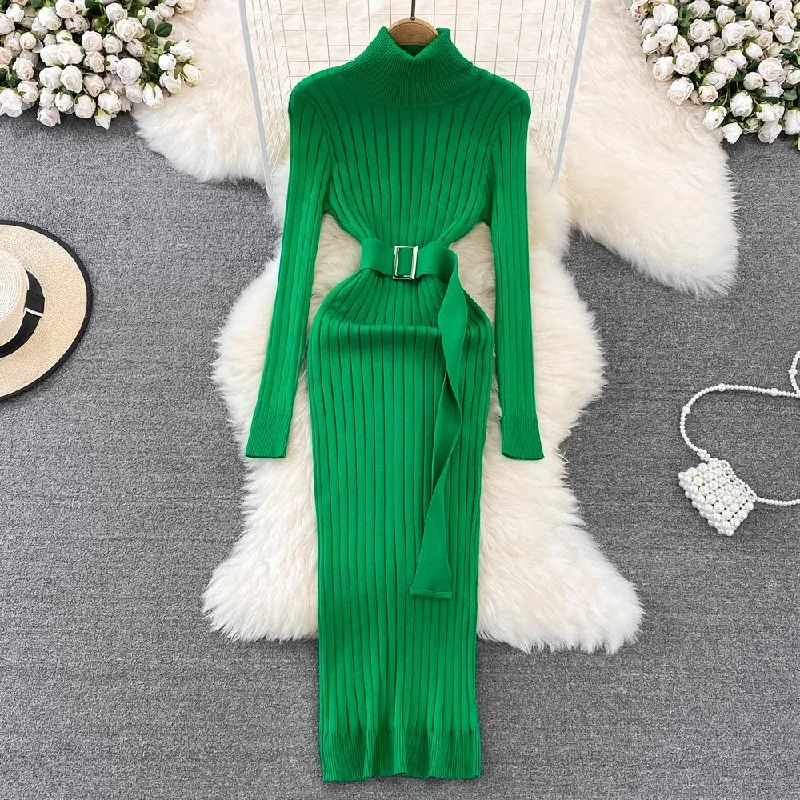 Maxi dress with waist tie -Long Skirt Elastic Tight Knitted Hip Cover Dress      S3890