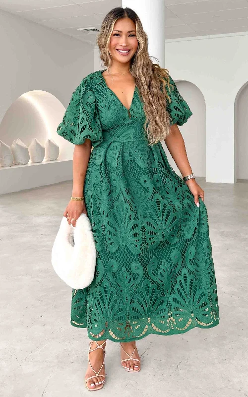 Maxi dress for upscale events -Hazelle Lace Maxi Dress - Emerald Green