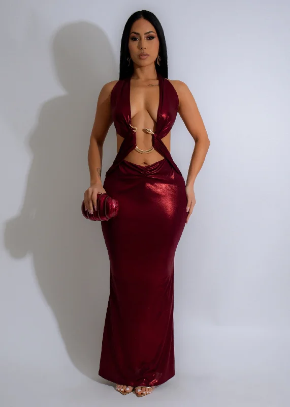 Maxi dress with contrasting color -Eternal Ember Metallic Maxi Dress Red