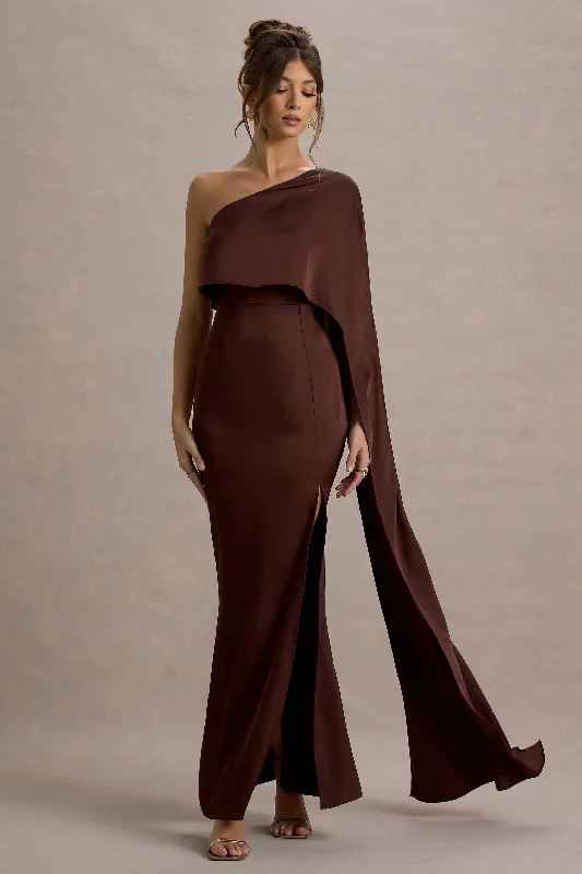 Boho style maxi dress -Amora | Brown Satin Asymmetric Cape-Sleeve Split Maxi Dress