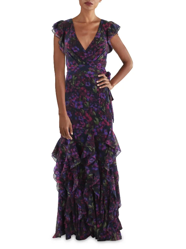 Maxi dress with drop waist -Womens Chiffon Printed Maxi Dress