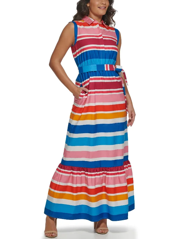 Maxi dress with waist tie -Womens Point-Collar Maxi Shirtdress