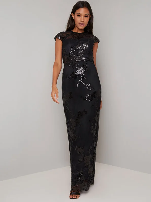 Maxi dress with satin ribbons -Black Sequin Embellished Fish Tail Maxi Dress