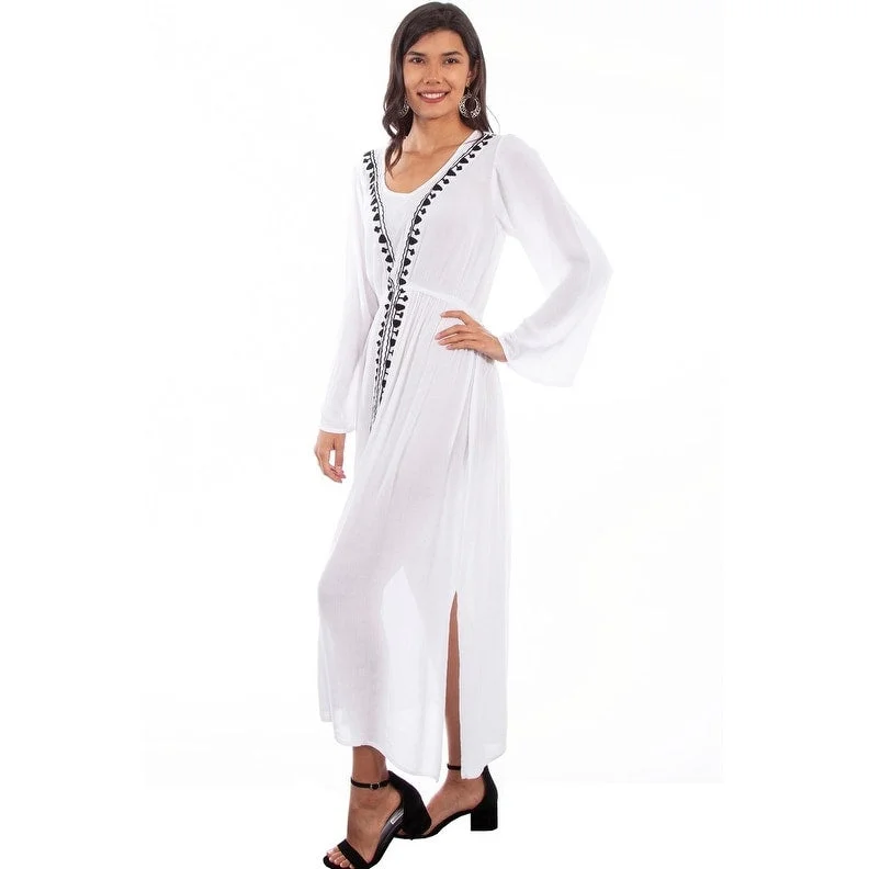 Maxi dress with asymmetrical design -Scully Western Dress Womens L/S Embroidered Slit Maxi White F0_PSL-257