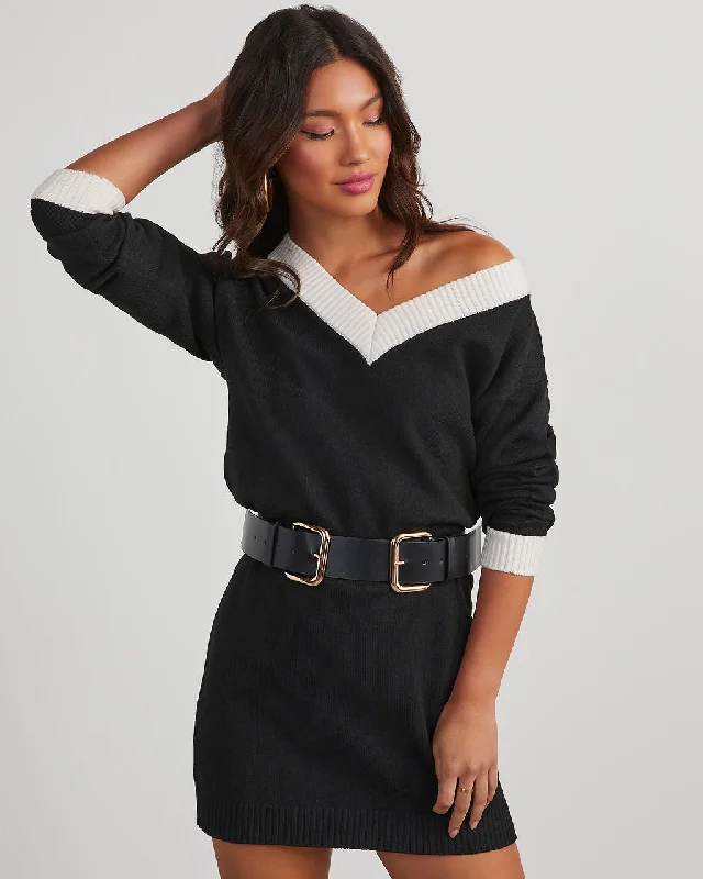 Mini dress with oversized bow -Lopez Contrast Mini Sweater Dress