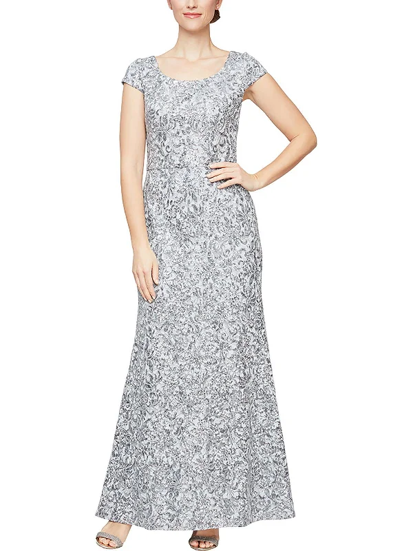 Maxi dress for fancy dinner -Petites Womens Lace Maxi Evening Dress