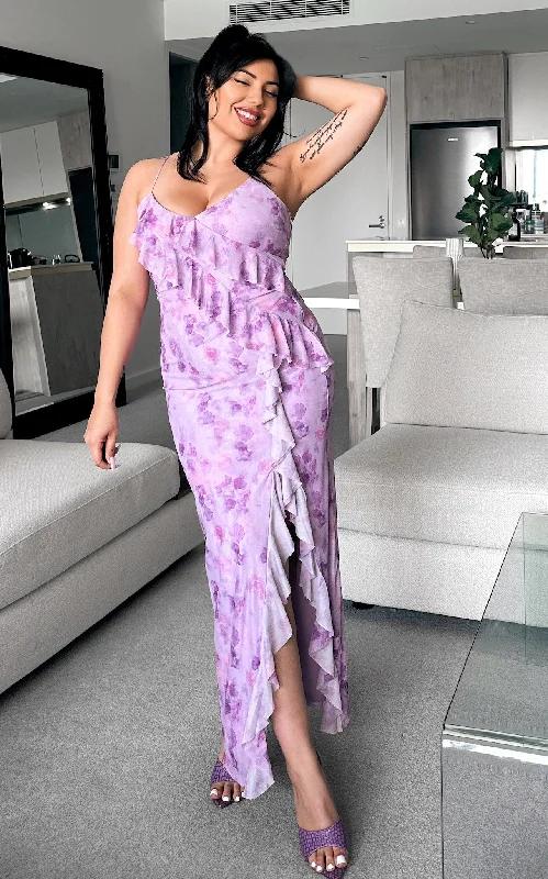 Maxi dress with shimmer -Tara Mesh Maxi Dress - Lilac Purple Floral