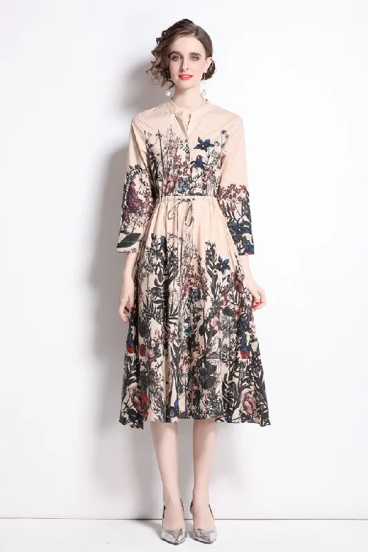 Maxi dress with empire waist -Apricot & Floral print Day A-line V-neck Bishop Long Sleeve Maxi Dress