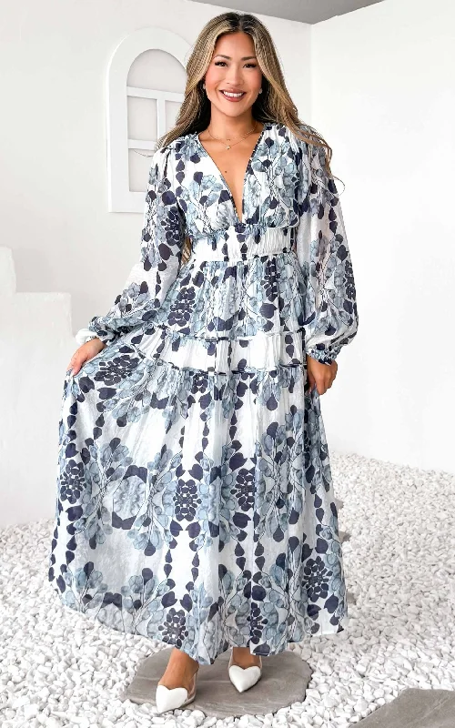 Maxi dress for party -Diana Long Sleeve Maxi Dress - Blue Print