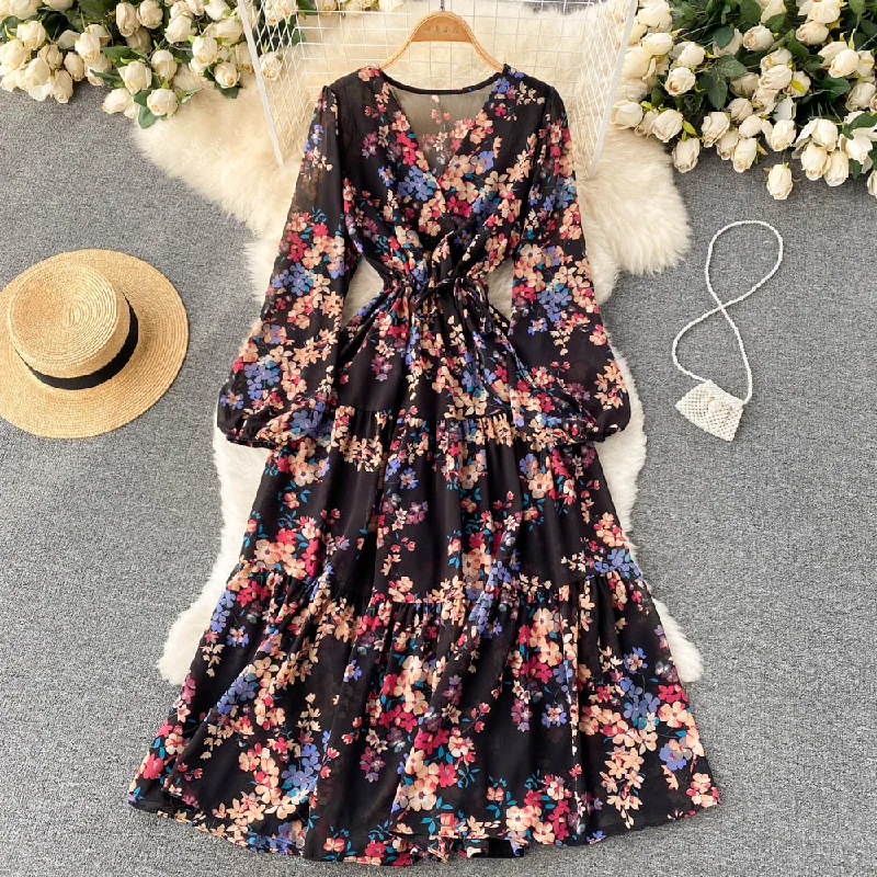 Sexy maxi dress -Floral Print OL Dress Summer Women Elegant Long Lantern Sleeve Robe Vintage   S551