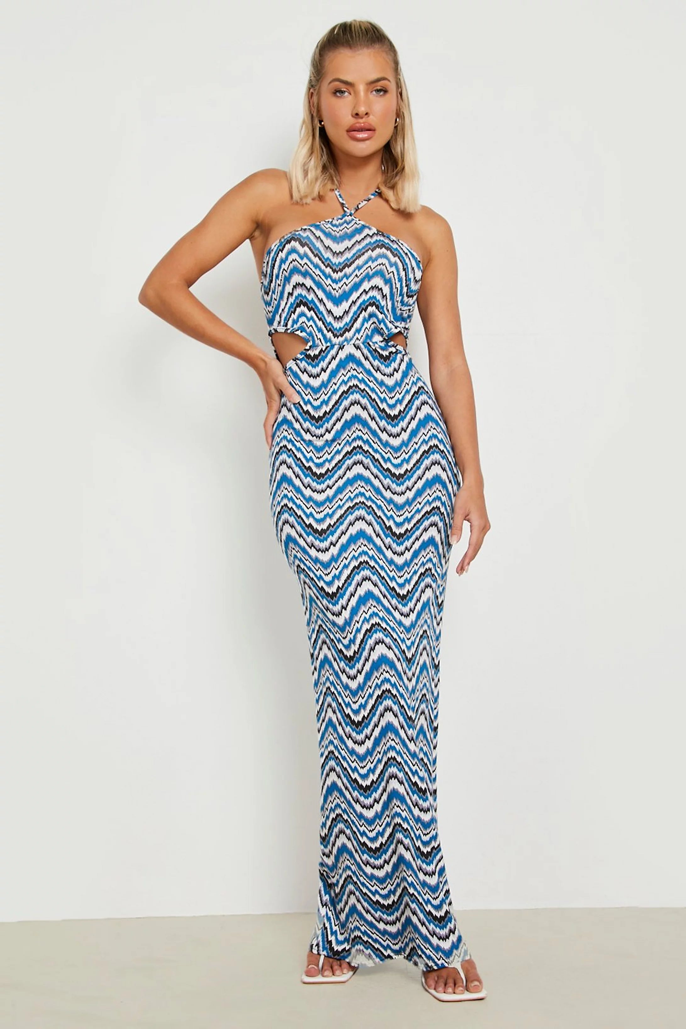 Maxi dress with metallic accents -Striped Open Back Strappy Maxi Dress