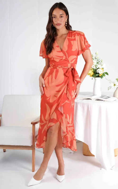 Maxi dress with sheer details -Nala Maxi Dress - Coral Orange Floral