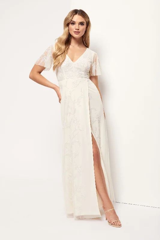 Maxi dress with rhinestones -Cream Wrap Maxi Dress