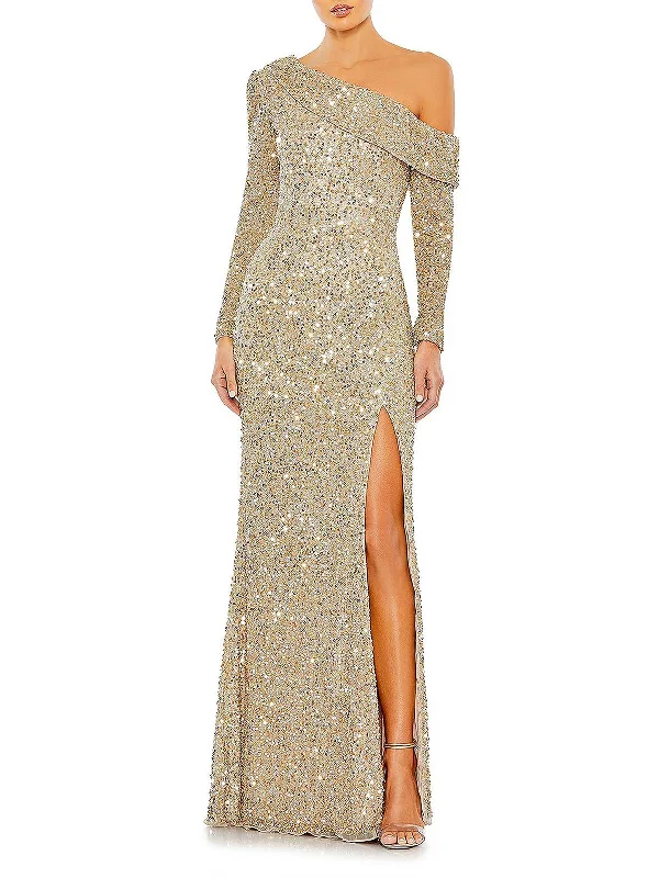 Maxi dress with deep neckline -Womens Sequined Maxi Evening Dress