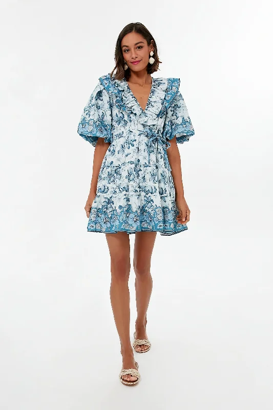 Mini dress with bow -Beryl Blue Print Remy Mini Dress