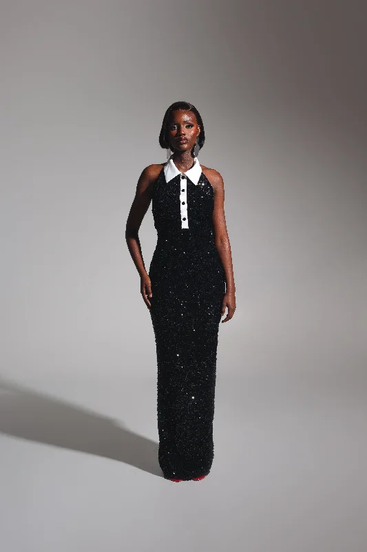 Maxi dress with high waist -RIA Halter Sequin Maxi Dress in ONYX