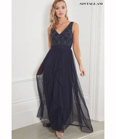 Maxi dress for resort wear -Embellished V-Neck Maxi Dress Navy