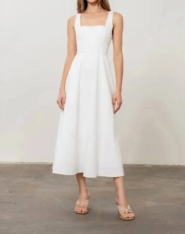 Midi dress with elegant trim -Sleeveless Scallop Shirred Midi Dress In White