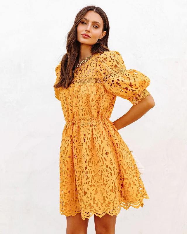 Mini dress for evening -Sunflower Fields Crochet Lace Mini Dress