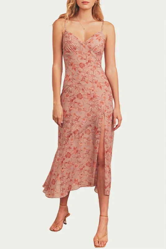 Midi dress for evening -Floral-Print Tie-Detailed Midi Slip Dress In Mauve/Multi