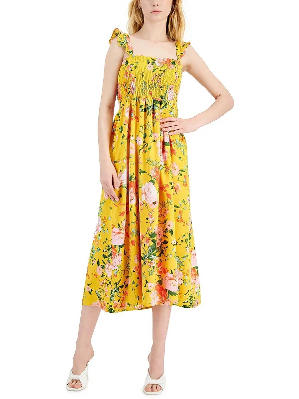 Midi dress with puff sleeves -Womens Floral Print Polyester Midi Dress