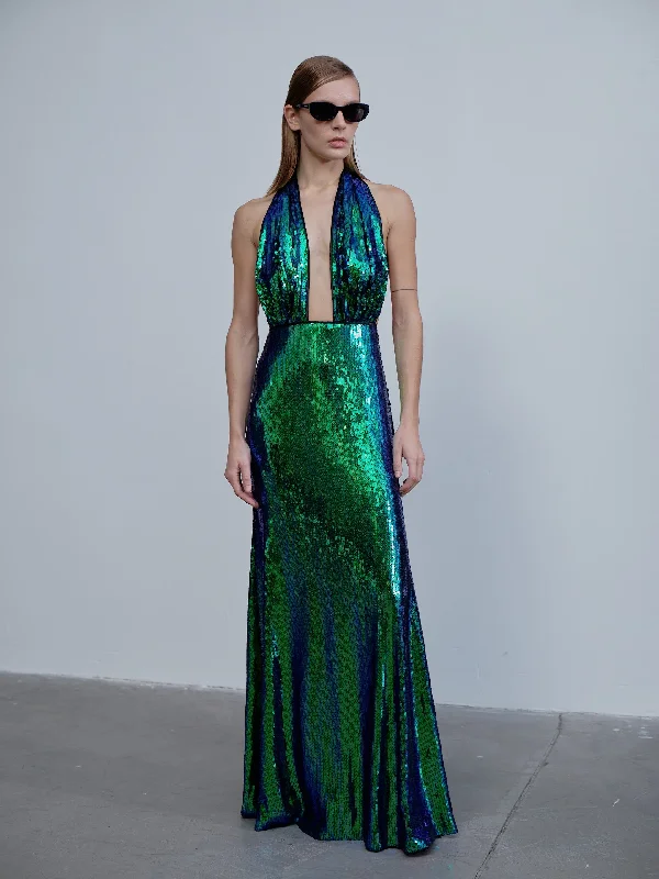 Maxi dress with tiered skirt -Ines Sequin Long Dress in Océan Bleu