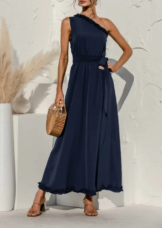 Maxi dress for special occasions -Date Night One Shoulder Maxi Dress In Navy